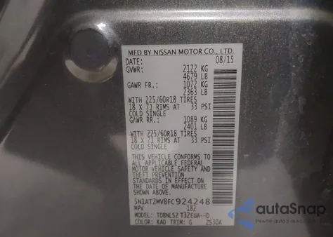 2015 Nissan Rogue Sl из США, поврежденный, VIN 5N1AT2MV8FC924248